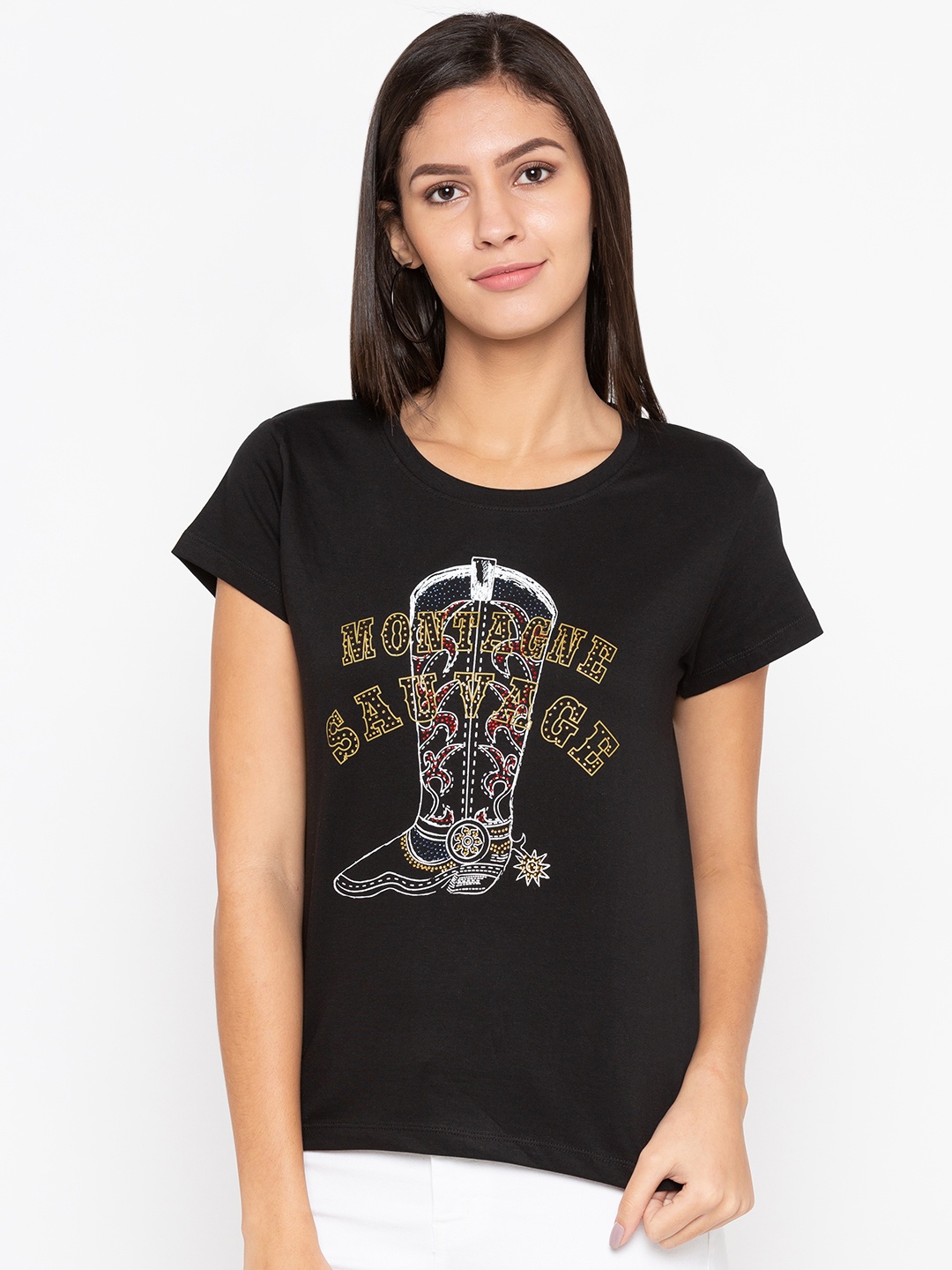 

Globus Women Black Self Design Round Neck T-shirt