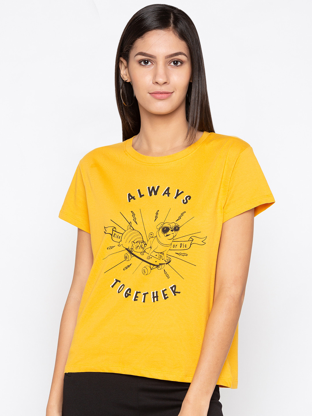 

Globus Women Mustard Yellow Printed Casual Pure Cotton T-shirt