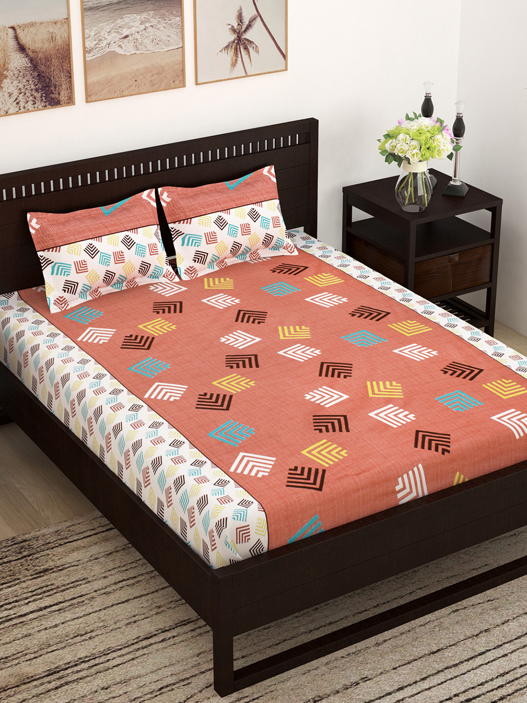 

Story@home Unisex Brown & White 144 TC Cotton 1 Queen Bedsheet with 2 Pillow Covers