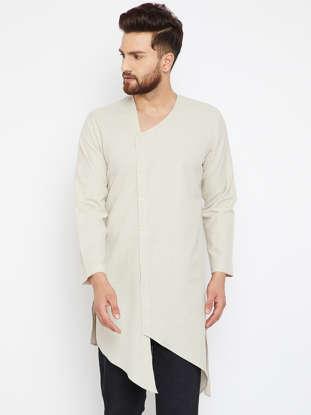 

even Men Grey Solid Asymmetrical Hem Straight Kurta