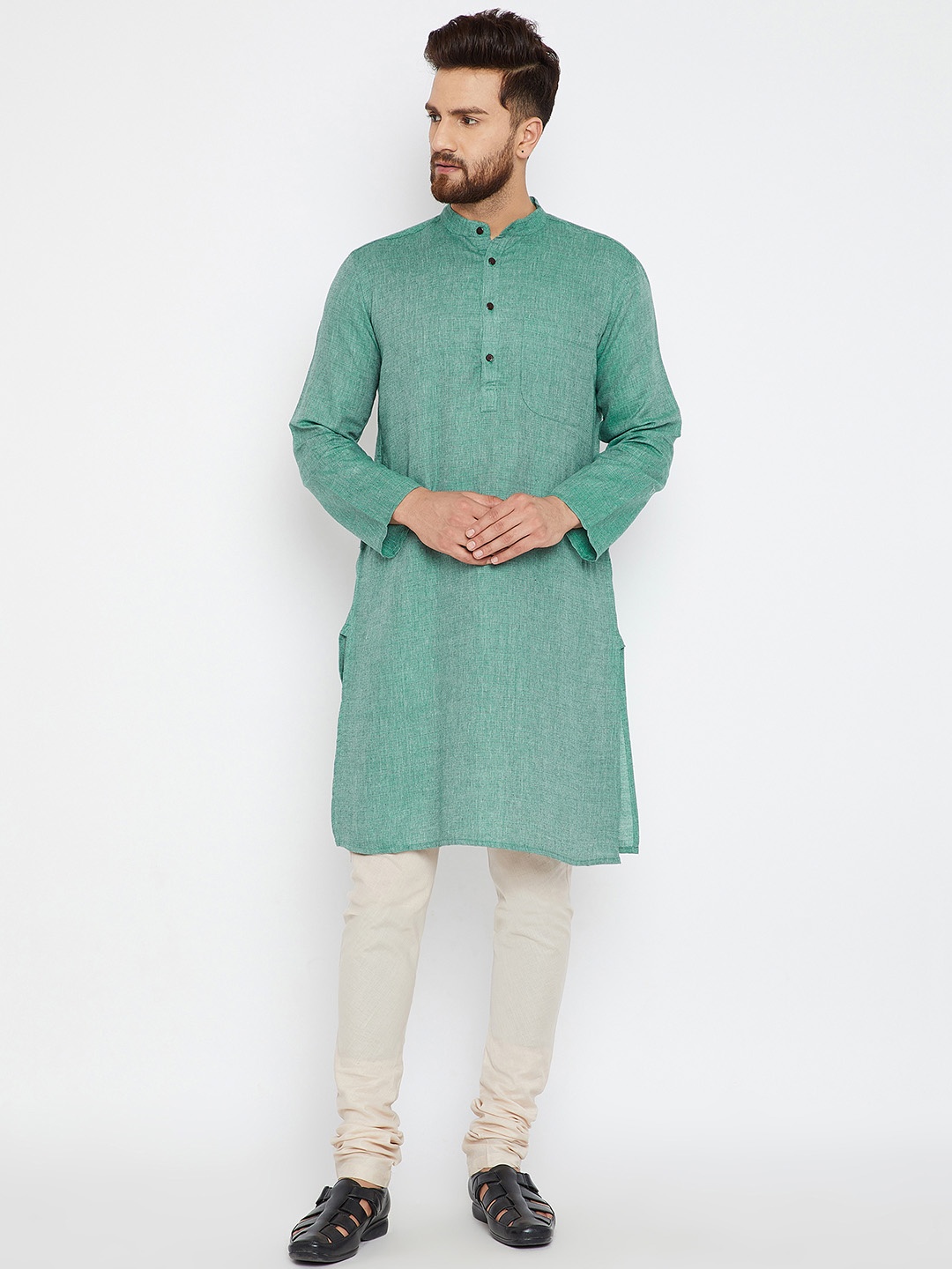 

even Men Green Solid Straight Kurta