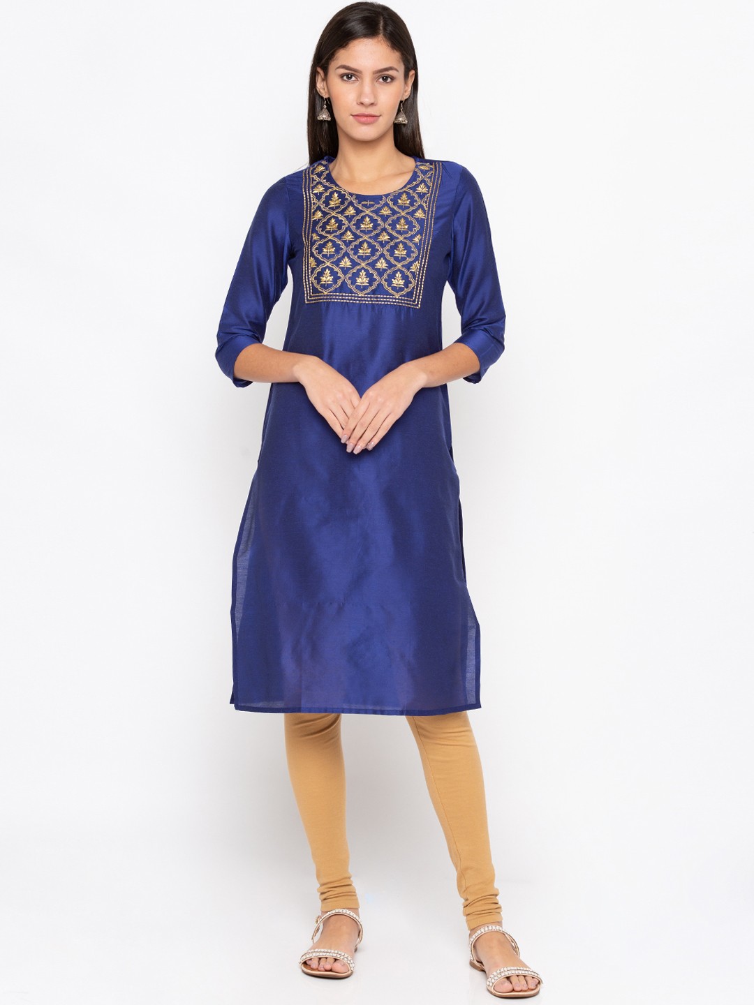

Globus Women Blue & Gold-Coloured Yoke Design Straight Kurta