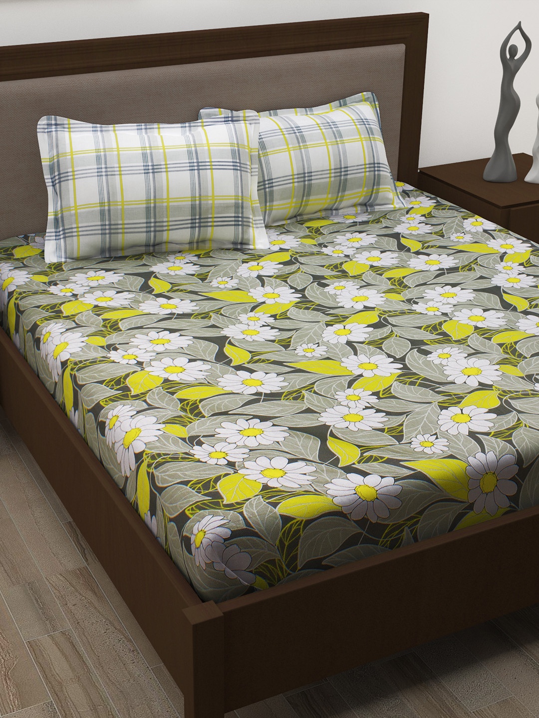 

Story@home Grey Green Floral Flat 186TC Cotton 1 Double Bedsheet with 2 Pillow Covers