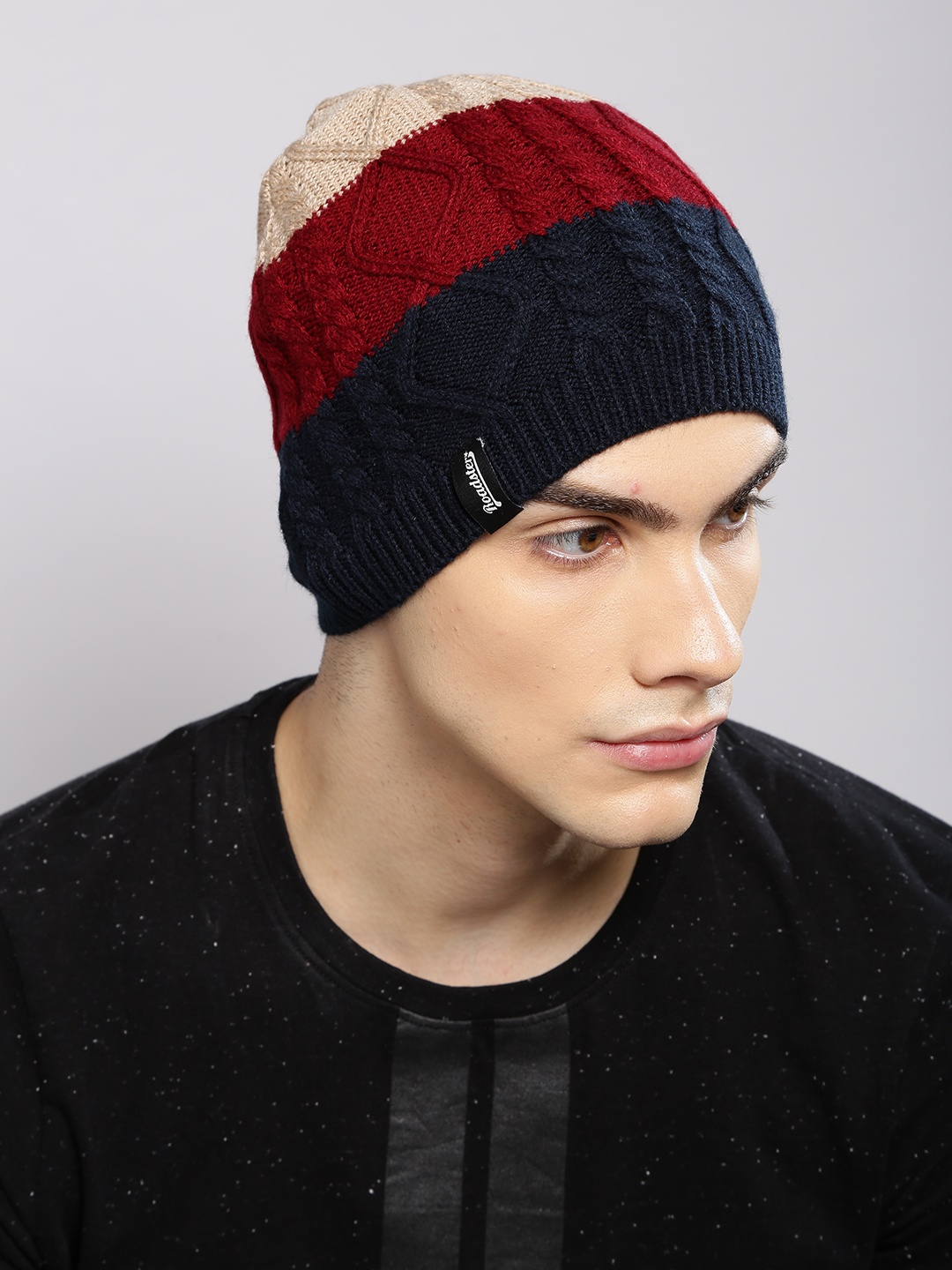

Roadster Unisex Navy Blue & Beige Self Design Beanie
