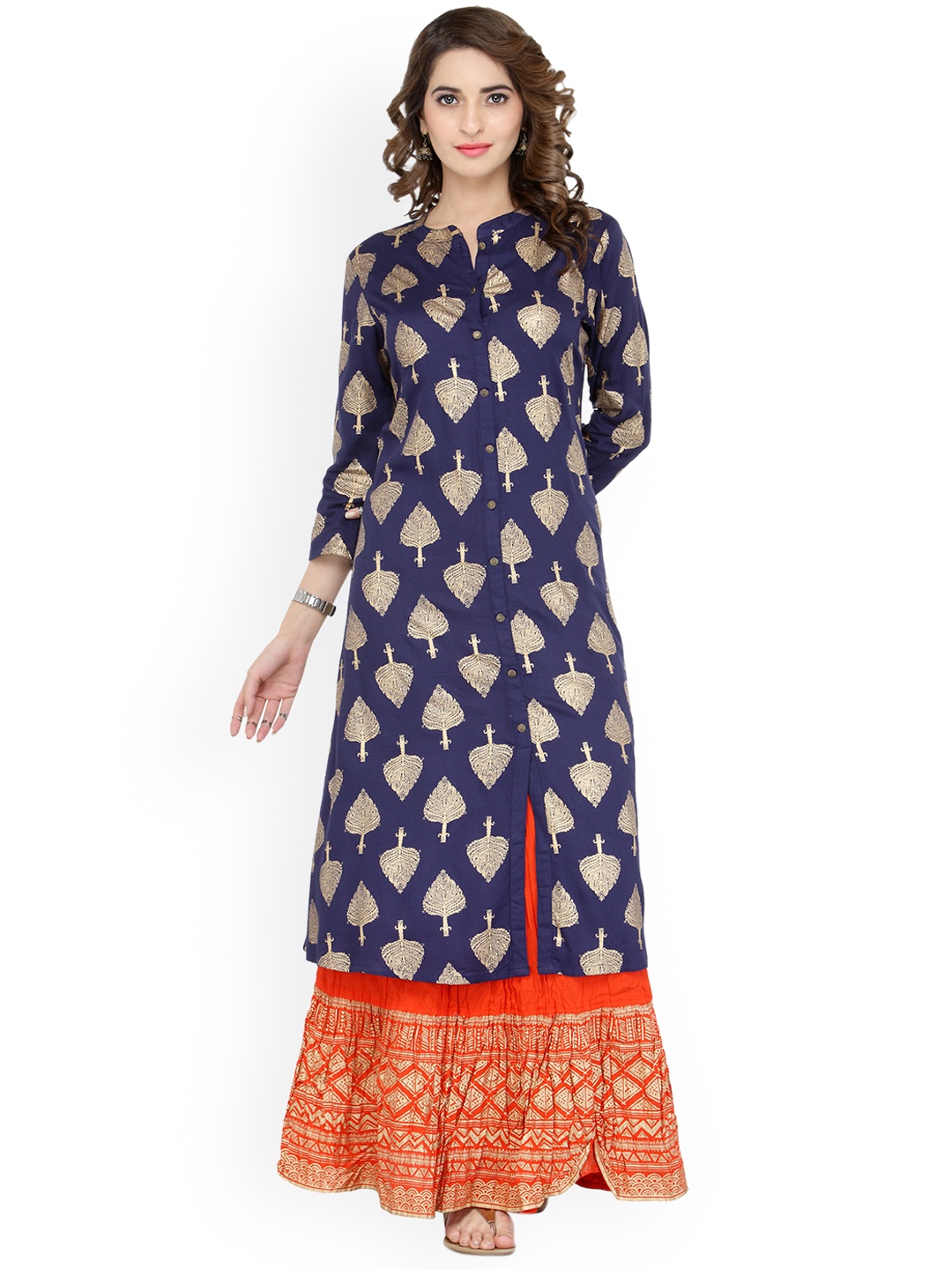 

Varanga Women Navy Blue & Beige Printed Kurta with Skirt