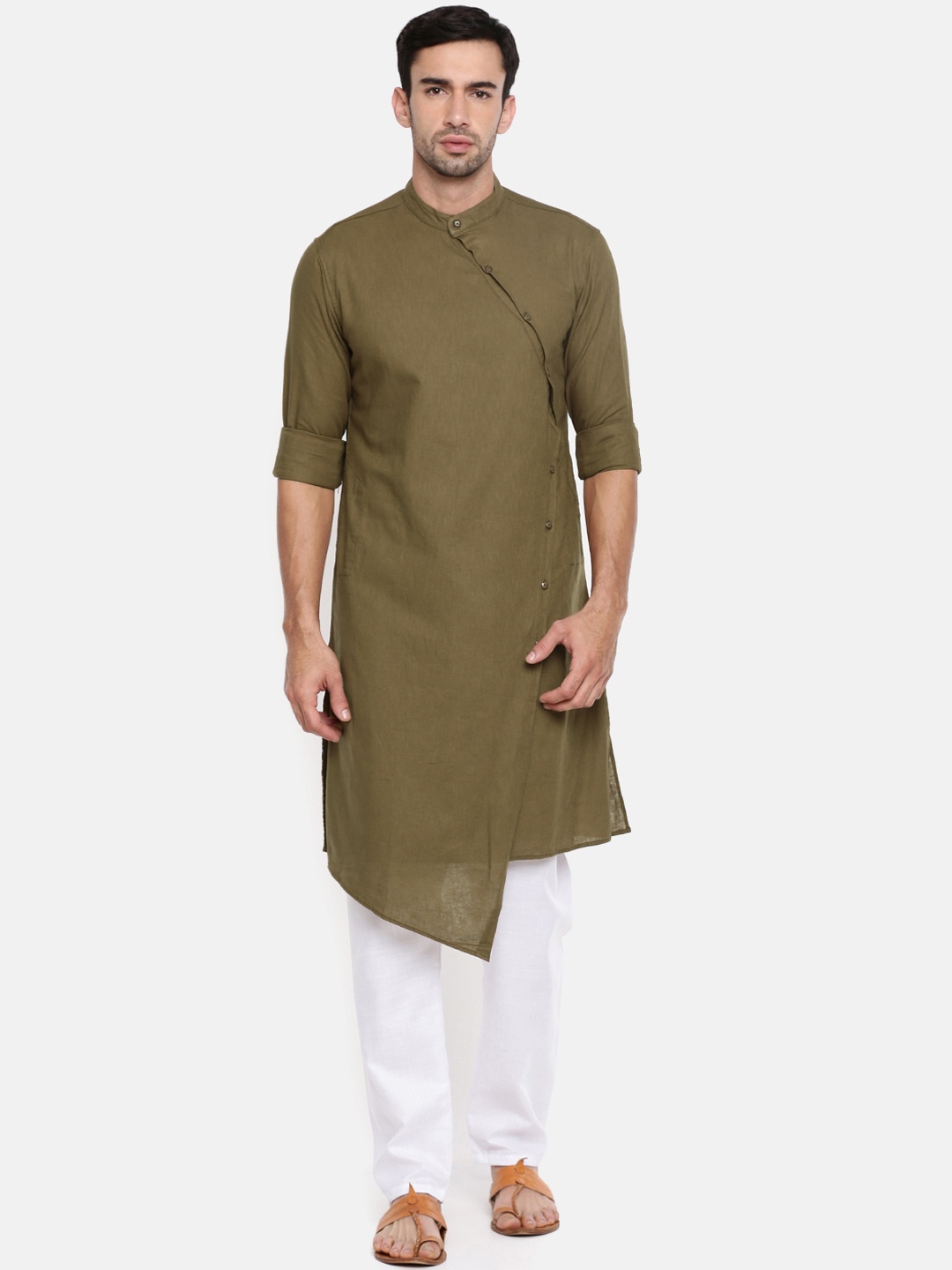 

The Indian Garage Co Men Olive Green Solid Asymmetric Hemline Straight Kurta