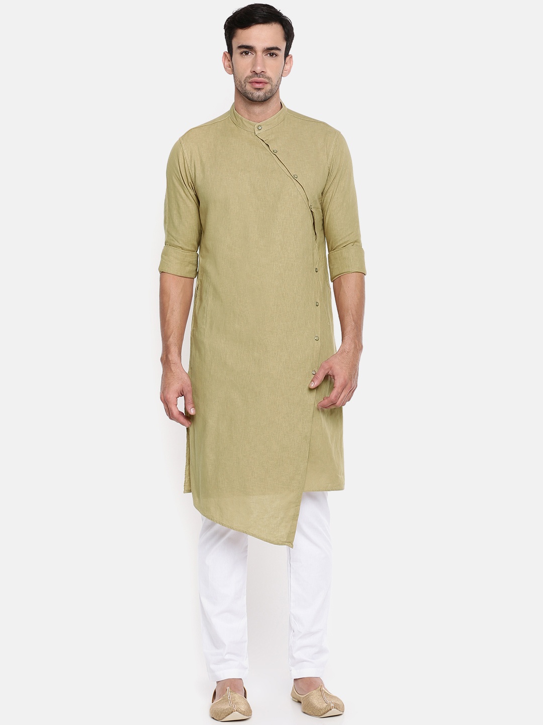 

The Indian Garage Co Men Beige Asymmetrical Hem Kurta with Pyjamas