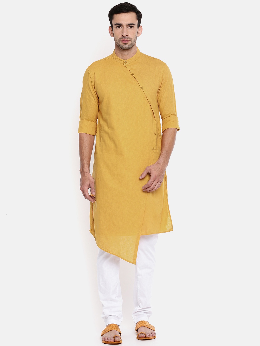 

The Indian Garage Co Men Mustard Yellow & White Solid Kurta with Pyjamas