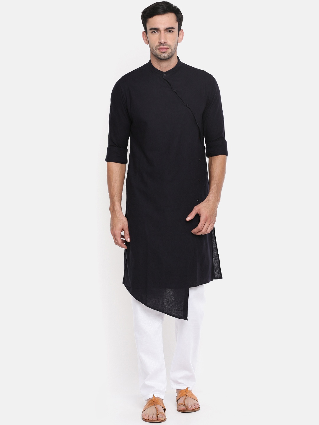 

The Indian Garage Co Men Navy Blue Solid Asymmetrical Hem Straight Kurta