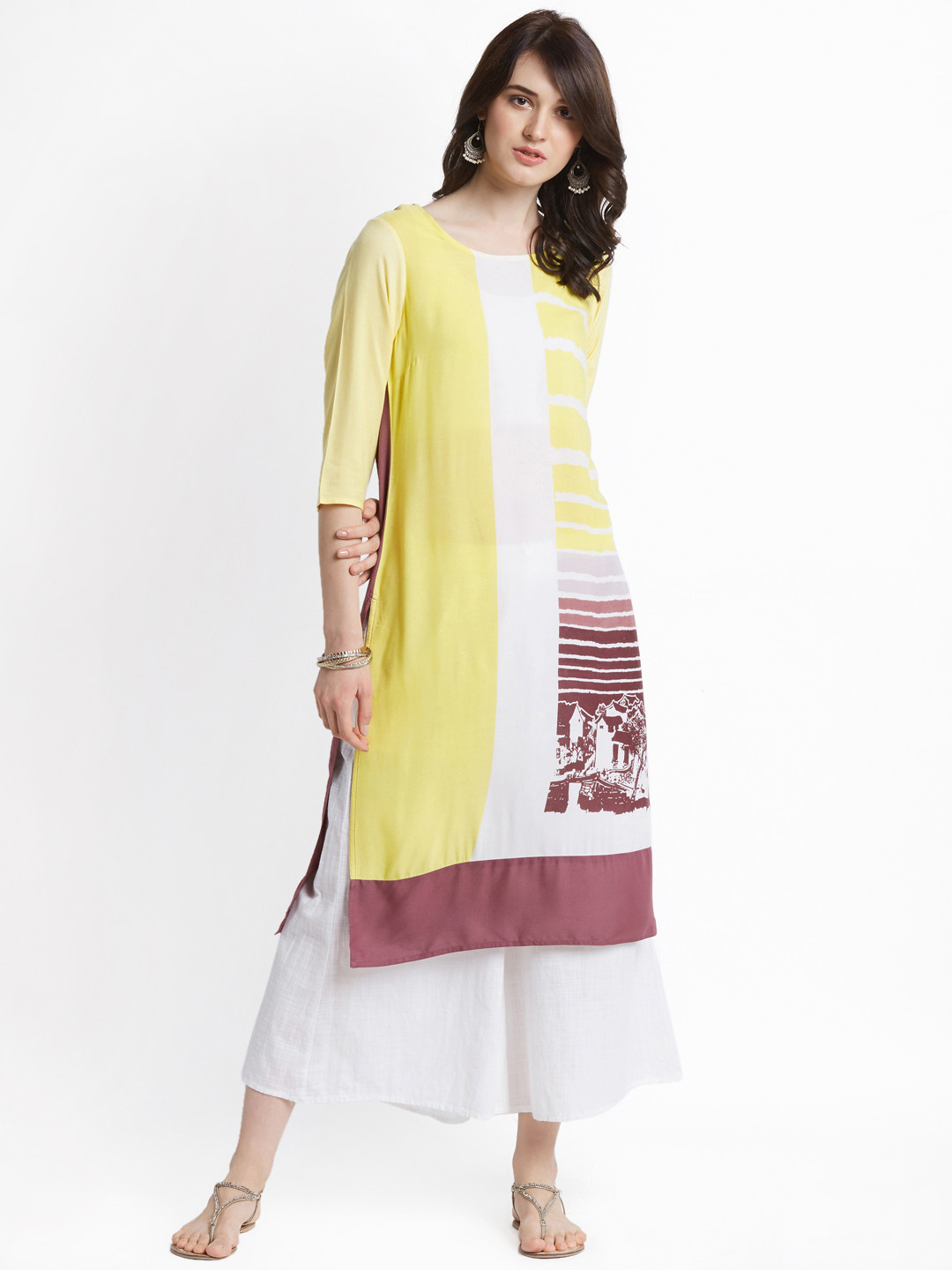 

RANGMANCH BY PANTALOONS Women Yellow & Brown Printed Straight Kurta