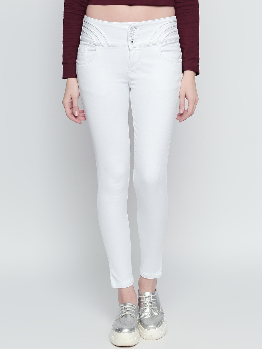 

High Star Women White Slim Fit High-Rise Clean Look Stretchable Crop Jeans