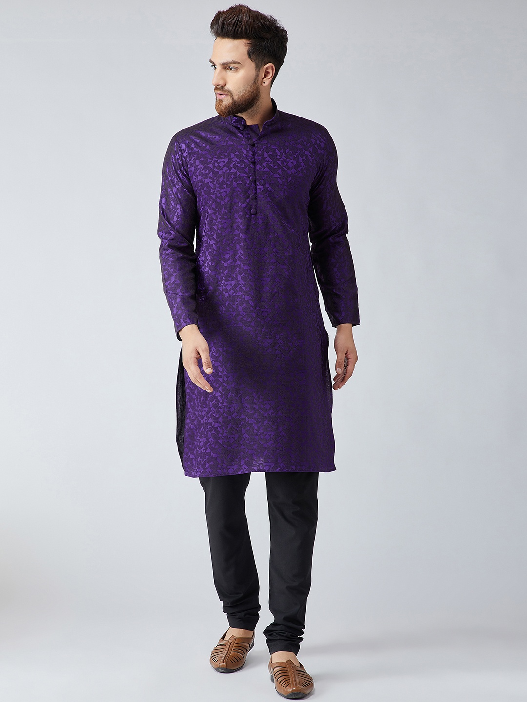 

SOJANYA Men Purple & Black Self Design Kurta with Churidar