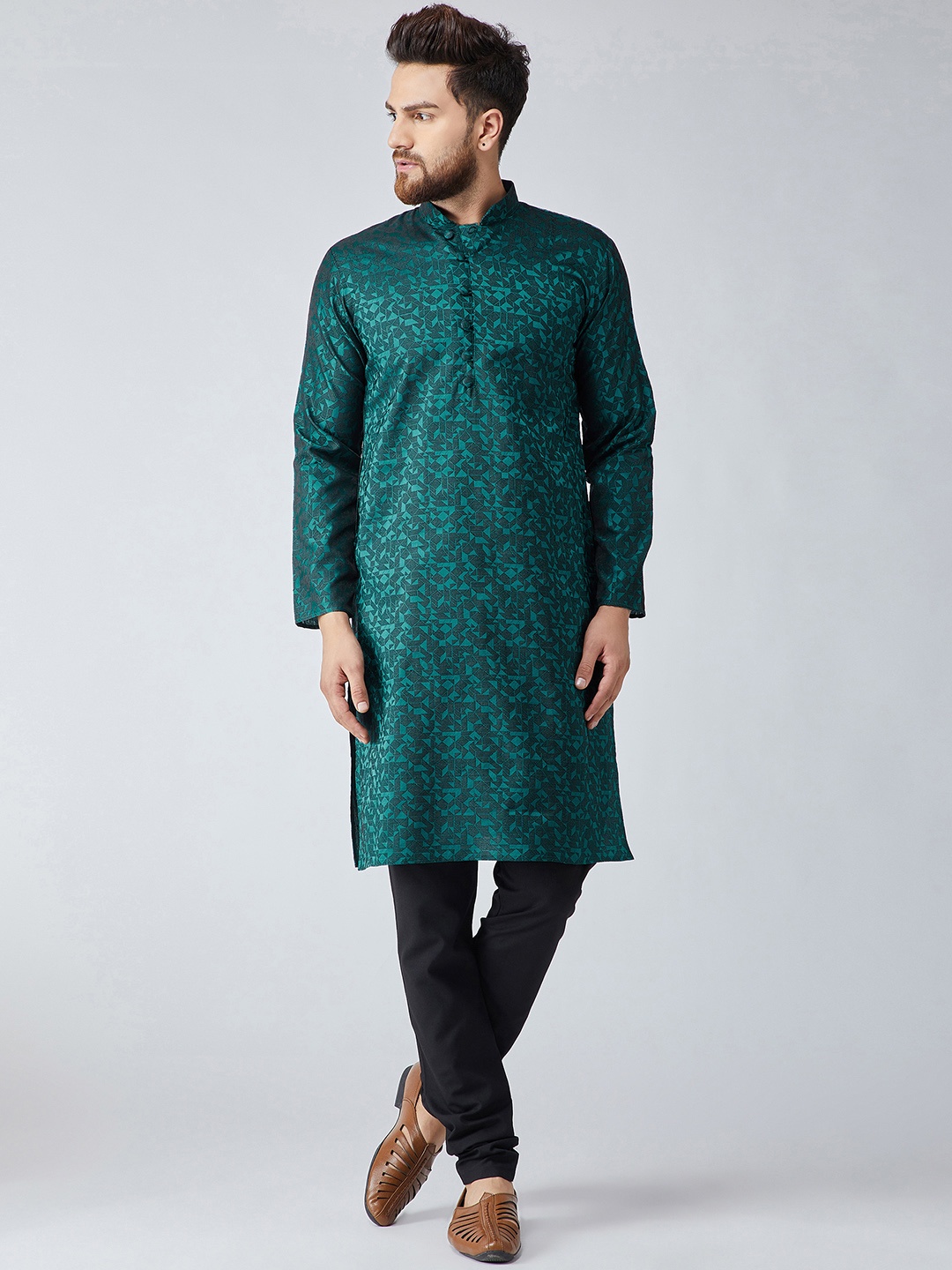 

SOJANYA Men Teal Green & Black Self Design Kurta with Churidar