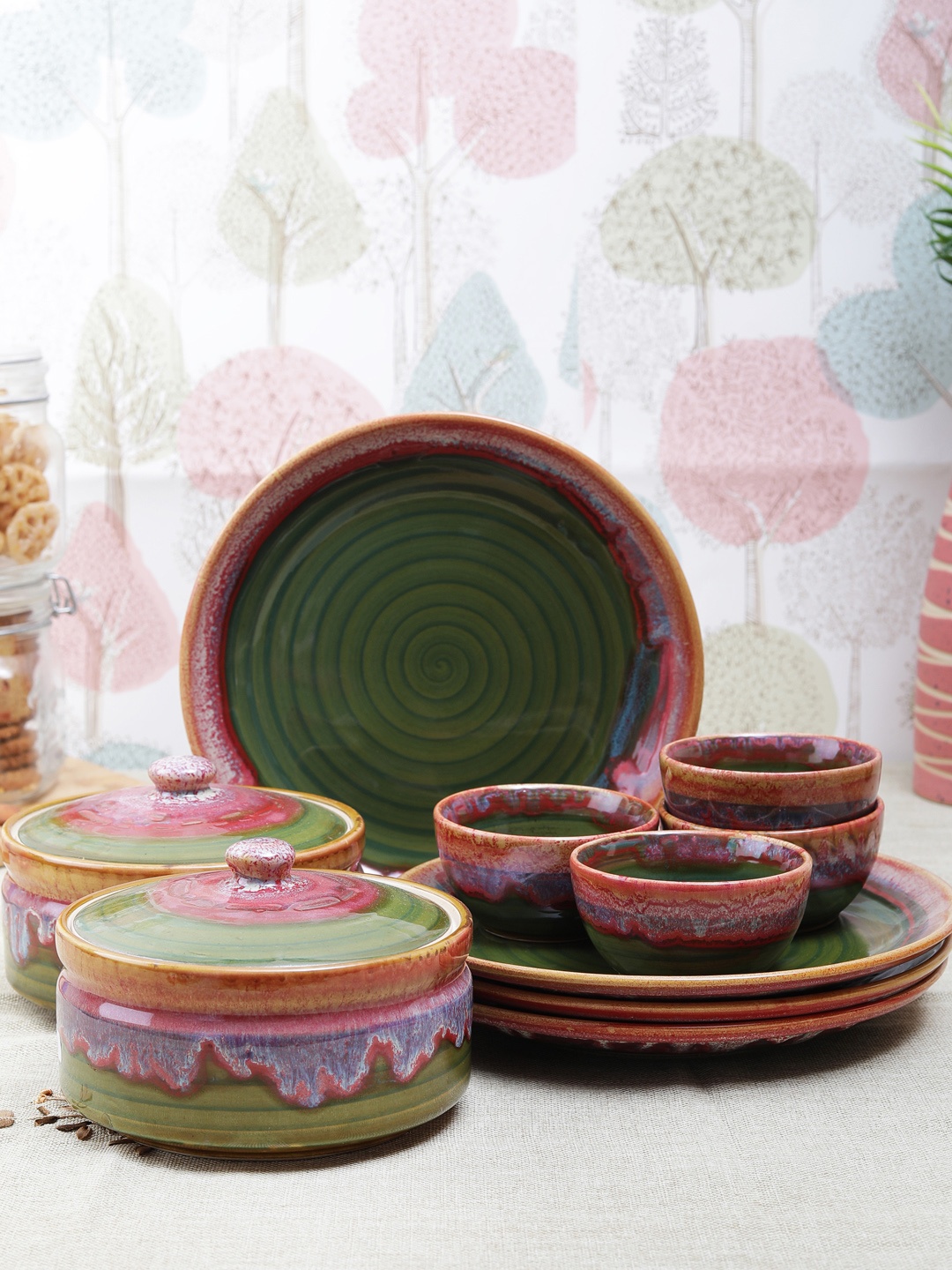 

VarEesha Set of 10 Green & Pink Printed Ceramic Dinner Plates & Bowls