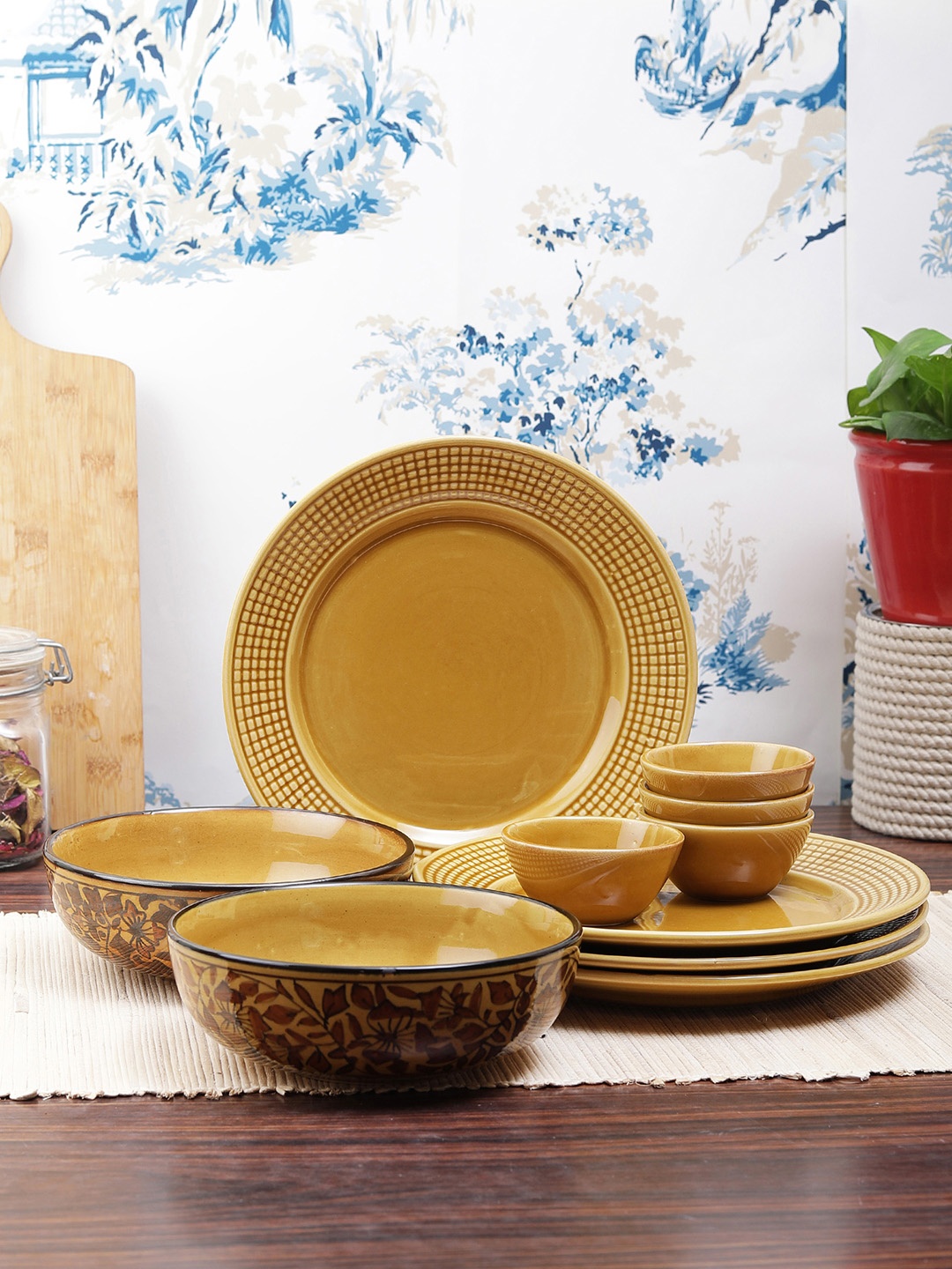 

VarEesha Set of 10 Gold-Toned & Mustard Yellow Printed Ceramic Dinner Plates & Bowls