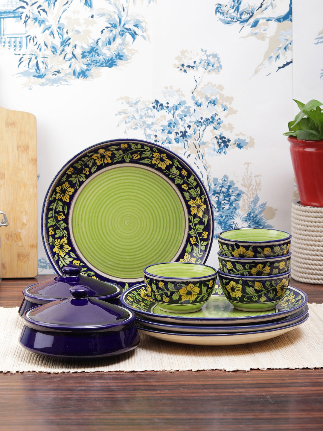 

VarEesha Set of 10 Green & Blue Printed Ceramic Dinner Plates & Bowls