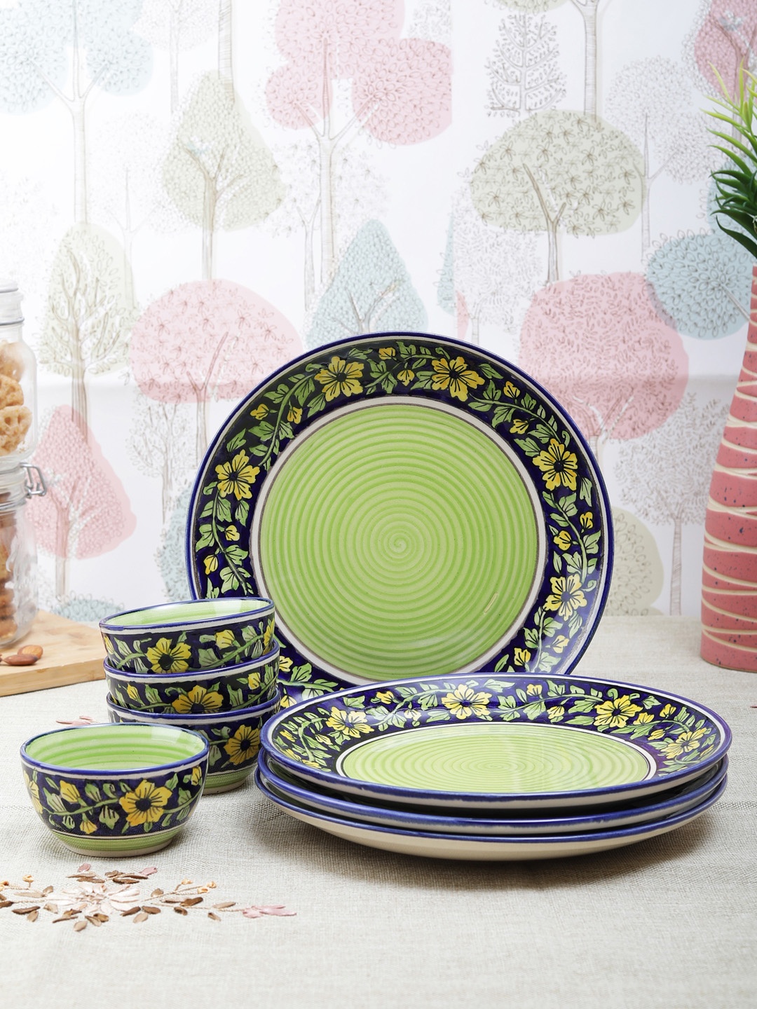 

VarEesha Set of 8 Green & Blue Printed Ceramic Dinner Plates & Bowls