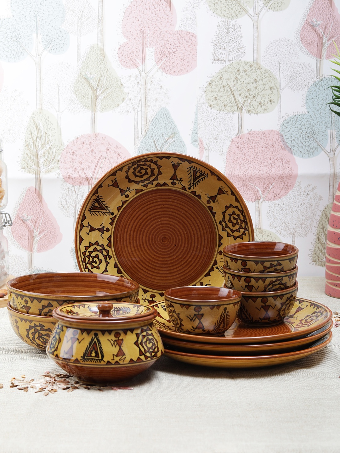 

VarEesha Brown 12-Pieces Warli Ceramic Dinner Set