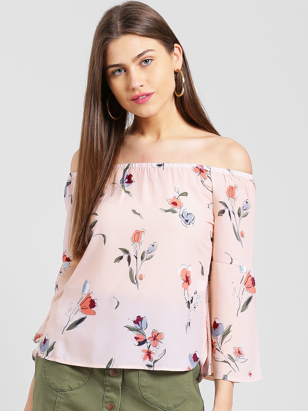 

Taanz Women Peach-Coloured Printed Bardot Top