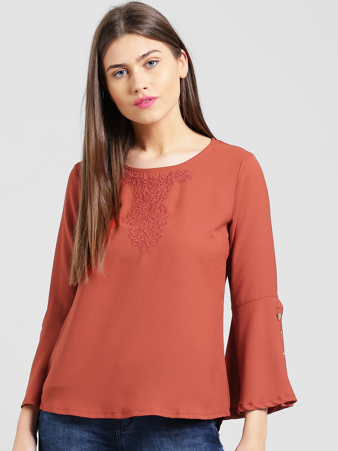 

Taanz Women Rust Orange Self Design A-Line Top