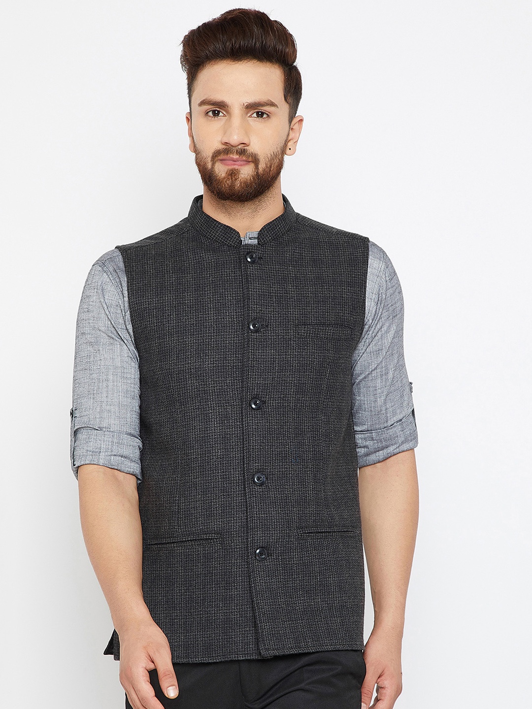 

even Men Grey & Black Checked Woollen Nehru Jacket