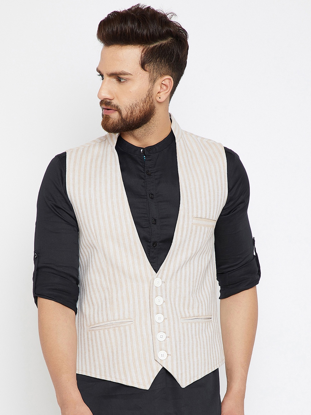 

even Men Cream-Coloured & Beige Striped Waistcoat