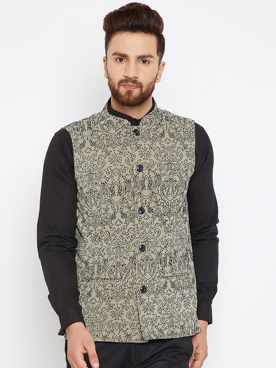 

even Men Green & Black Printed Nehru Jacket