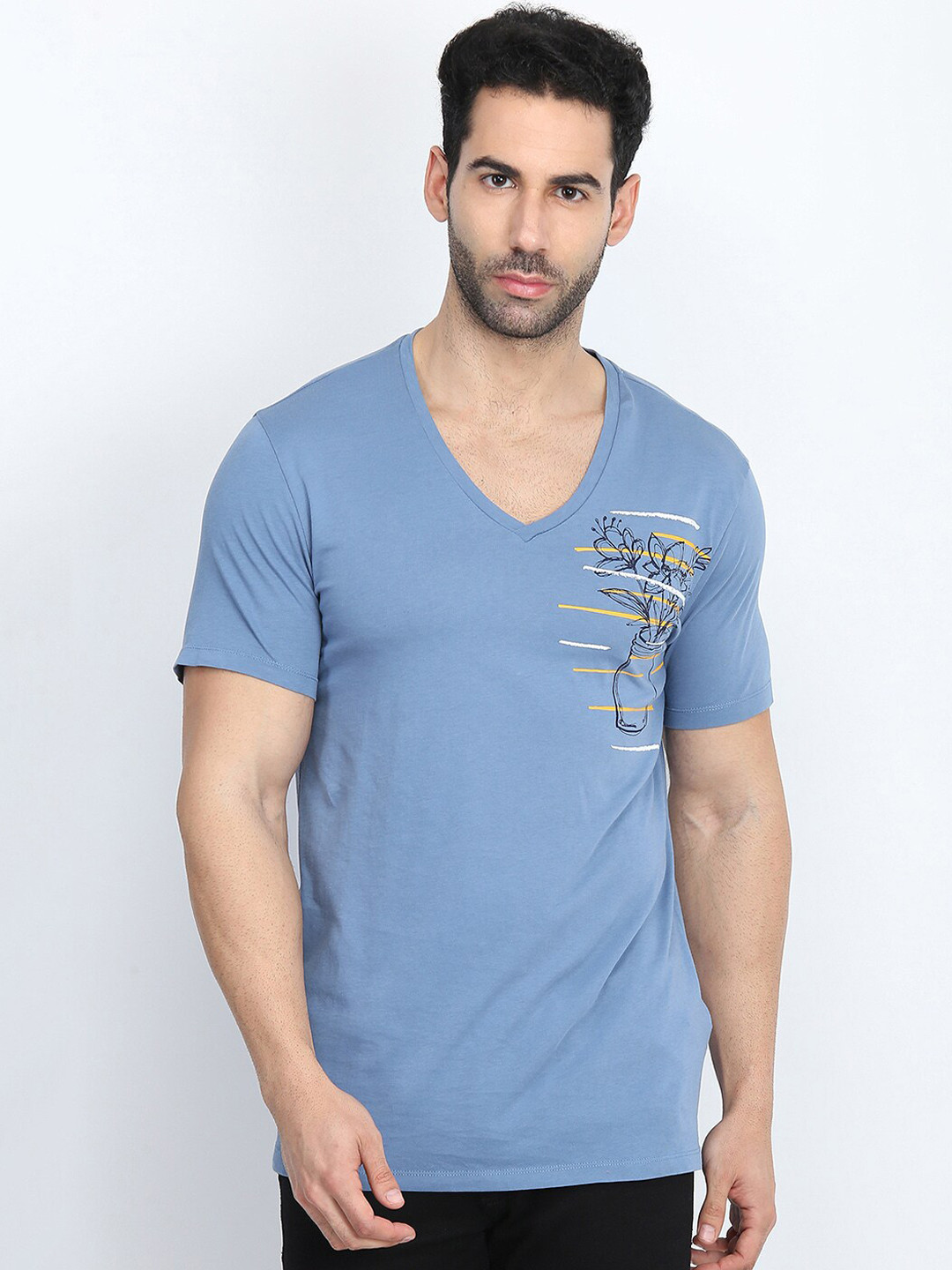 

Antony Morato Men Blue Printed V-Neck T-shirt