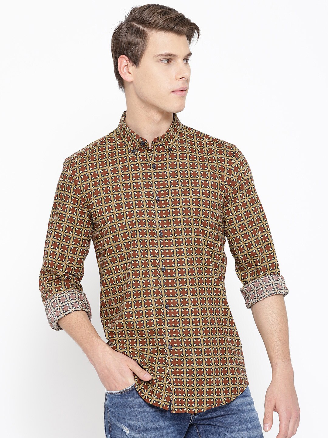 

Antony Morato Men Rust Brown & Beige Printed Casual Shirt