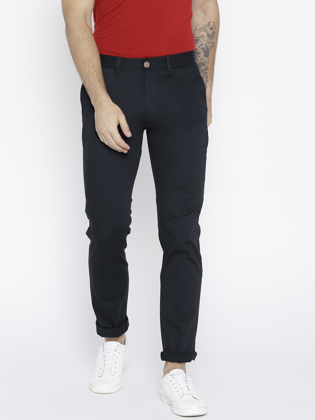 

Wills Lifestyle Men Navy Blue Slim Fit Solid Smart Casual Trousers