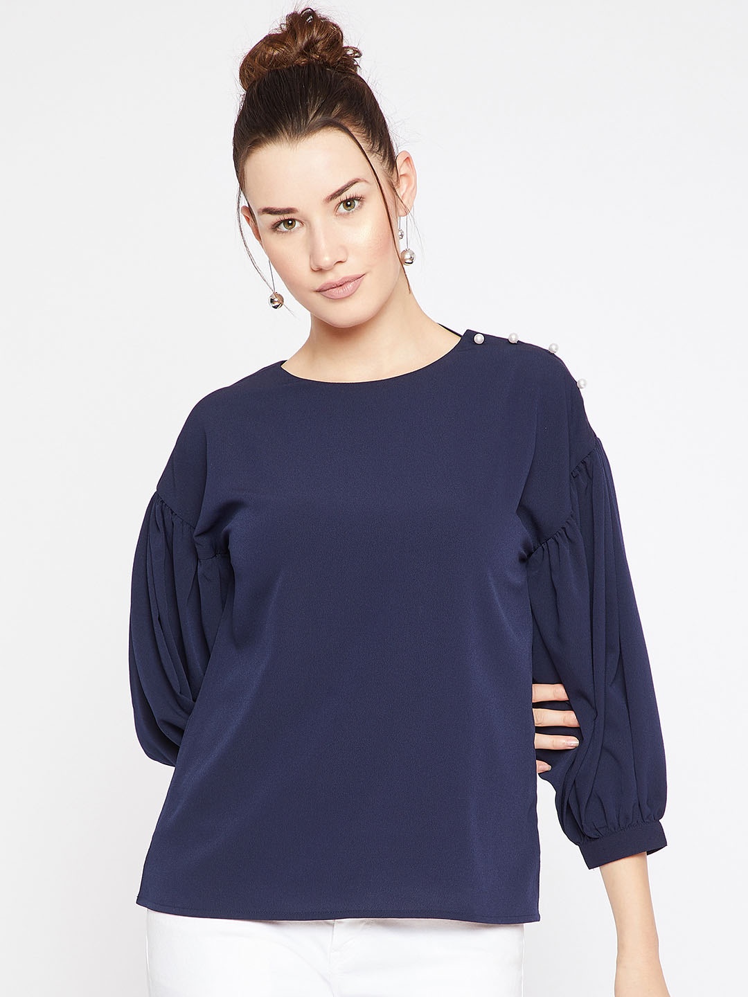 

Marie Claire Women Navy Blue Solid Top