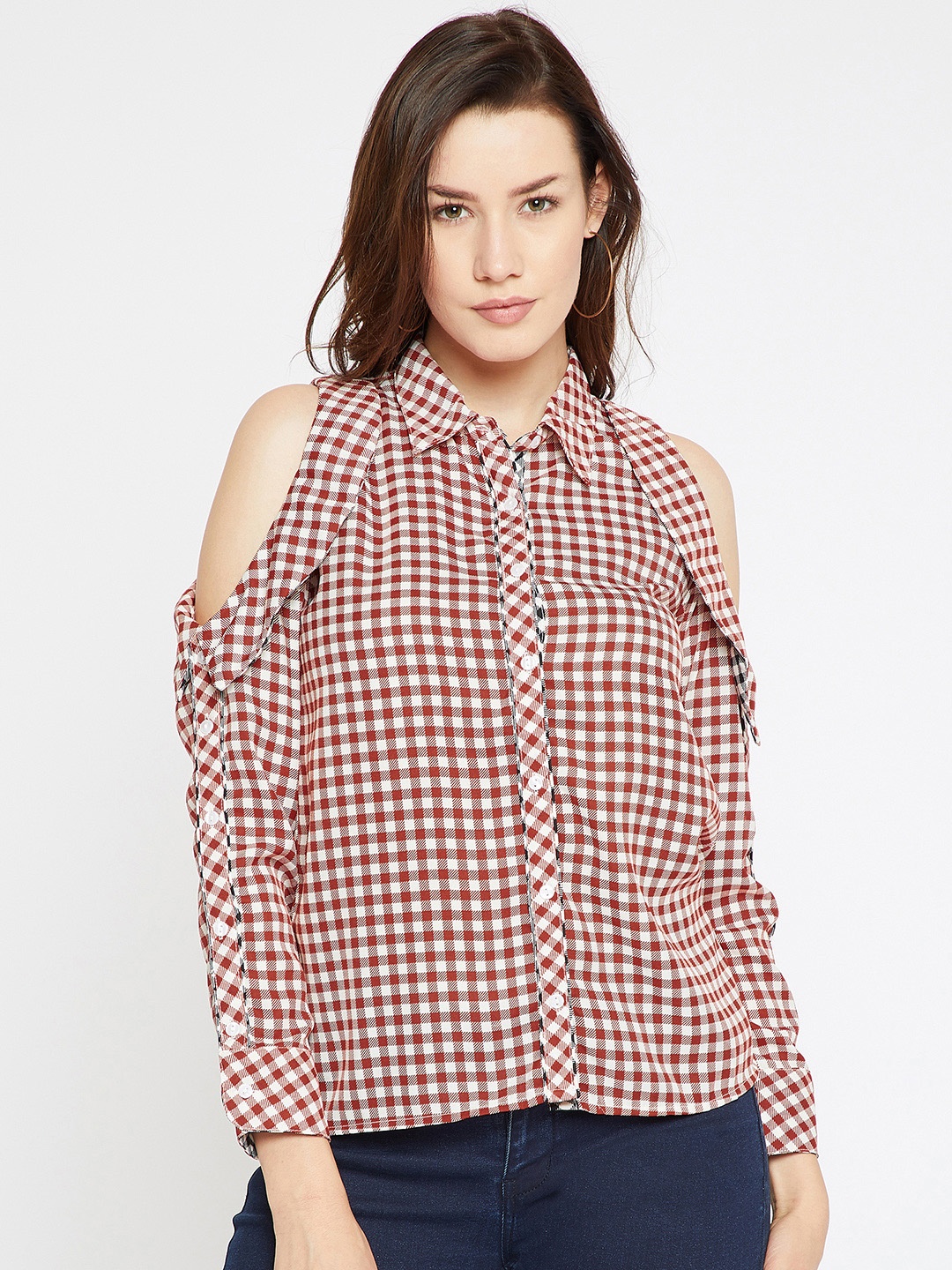 

Marie Claire Women White & Maroon Regular Fit Checked Casual Shirt