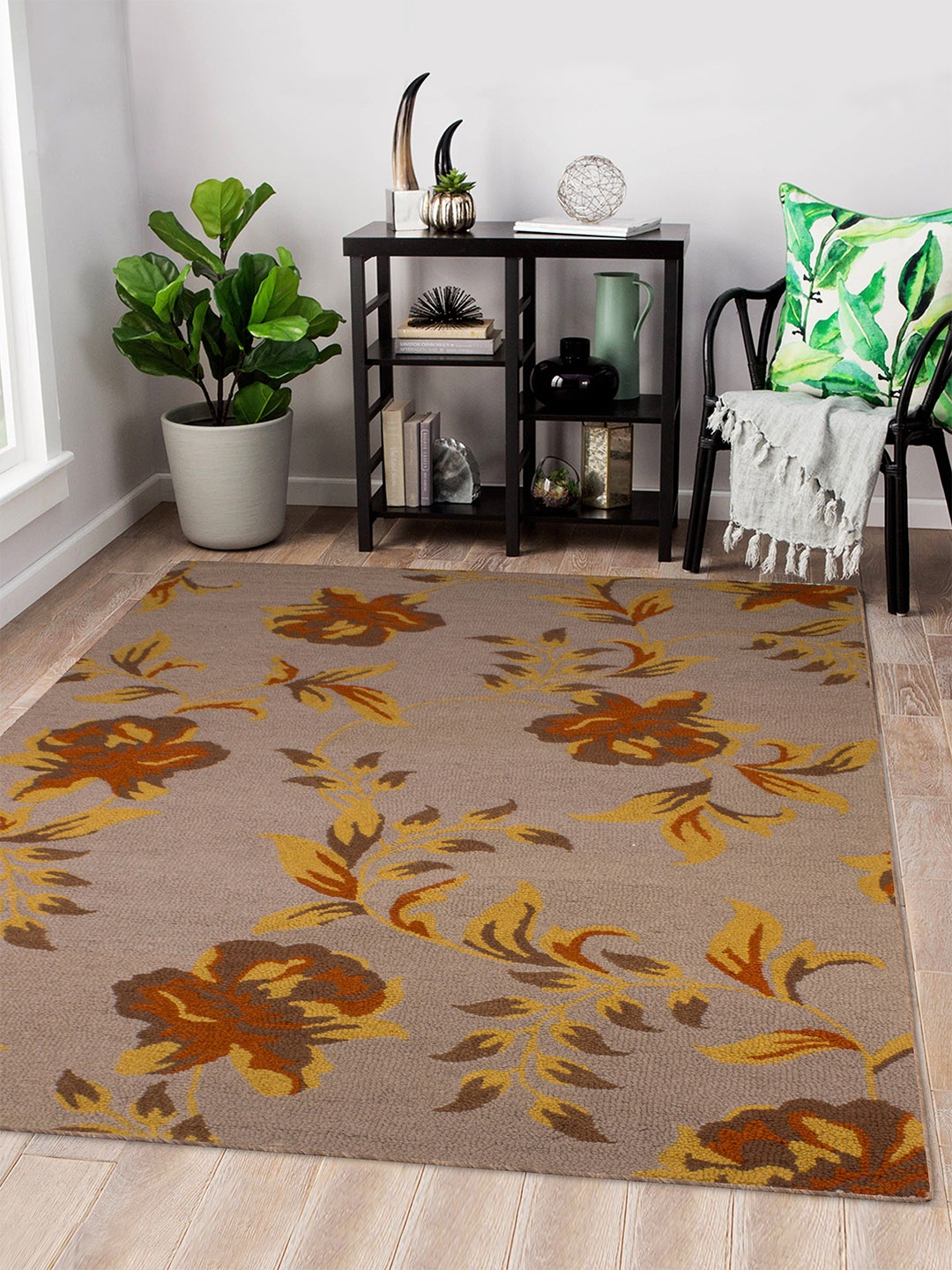 

Story@home Taupe Floral Handmade Woollen Carpet