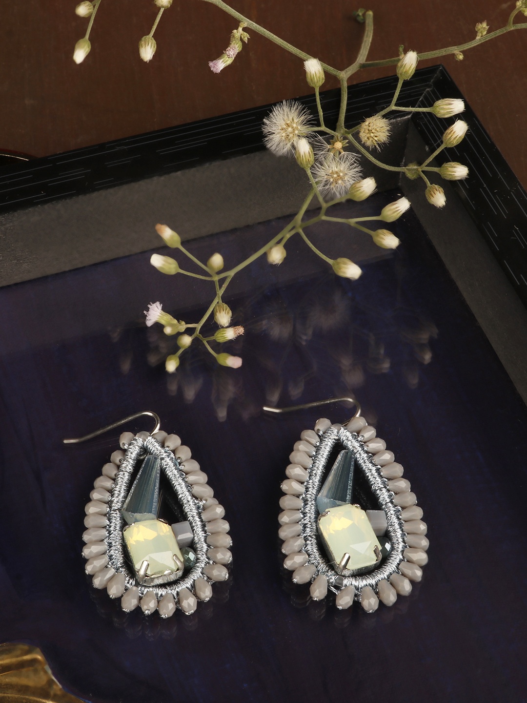 

PRITA BY PRIYAASI Grey Beaded Handcrafted Teardrop Shaped Drop Earrings