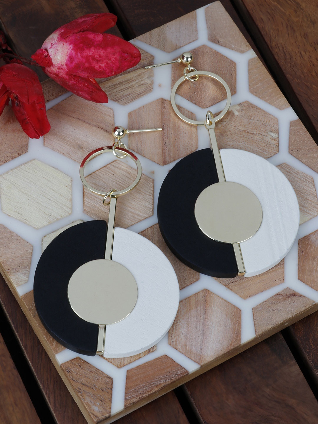 

PRITA Black & Off-White Gold-Plated Handcrafted Circular Drop Earrings