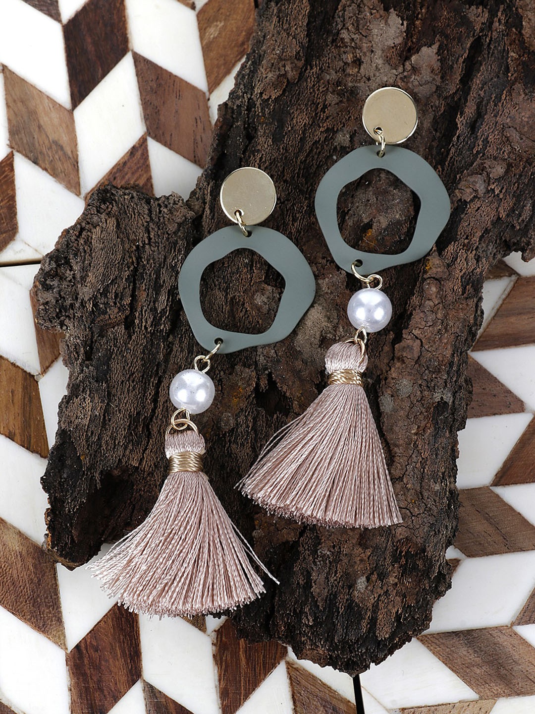 

PRITA BY PRIYAASI Grey & Beige Gold-Plated Beaded & Tasselled Handcrafted Contemporary Drop Earrings