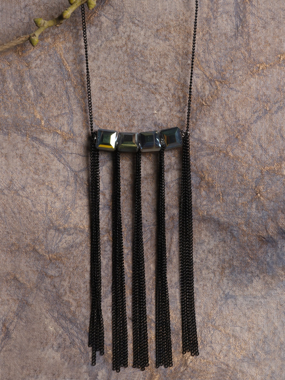 

PRITA BY PRIYAASI Black Silver-Plated Stone-Studded Tasselled Necklace