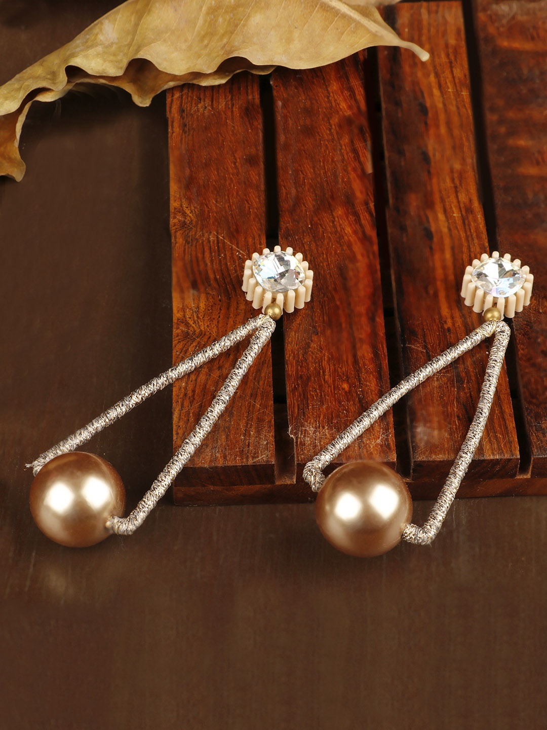

PRITA BY PRIYAASI Gold-Toned & Beige Handcrafted Geometric Drop Earrings