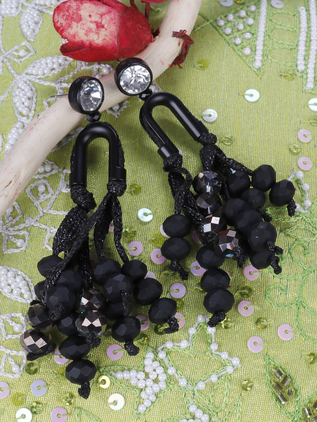 

PRITA BY PRIYAASI Black Handcrafted Tasseled Contemporary Drop Earrings