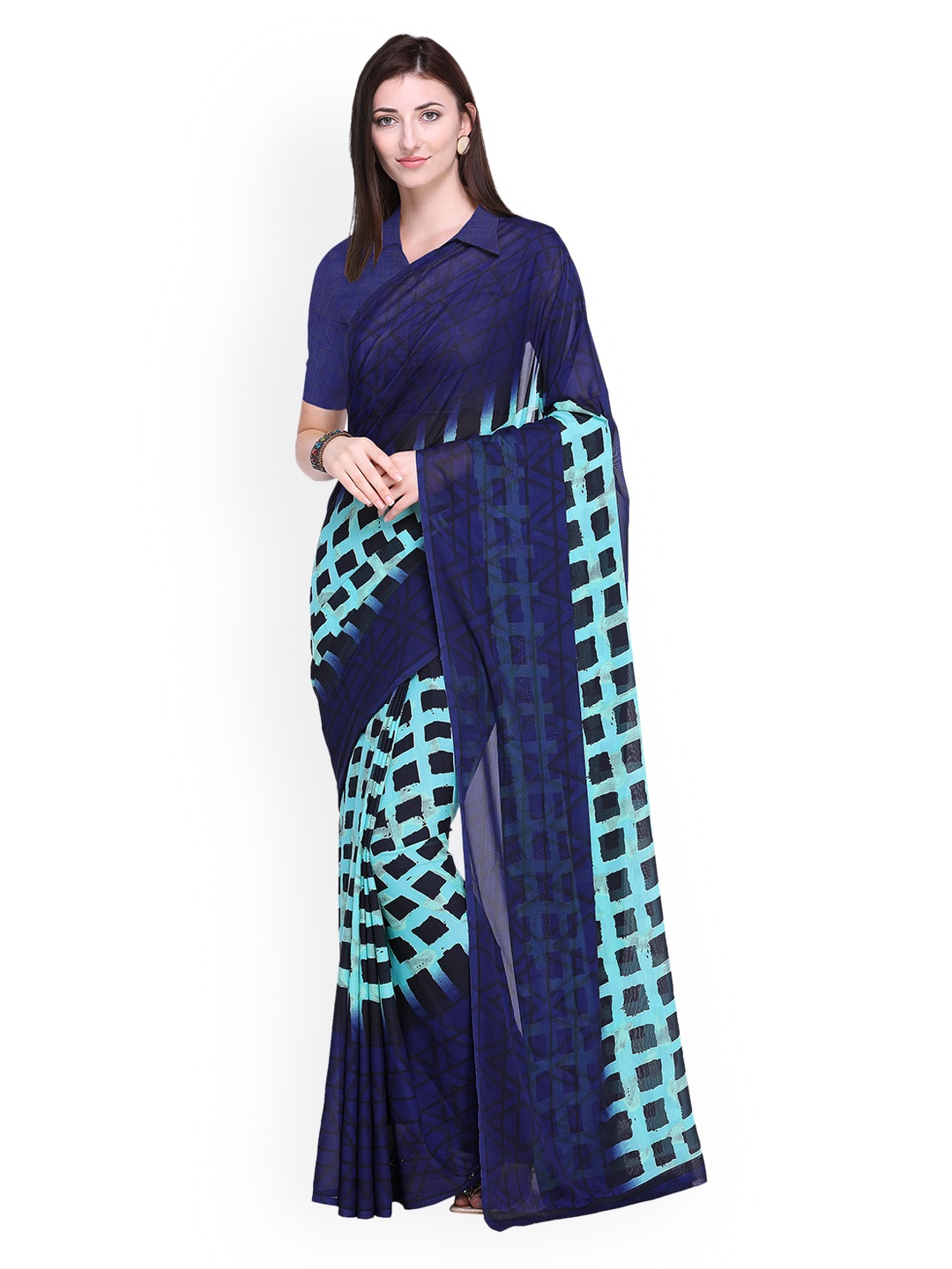 

Blissta Navy Blue Printed Poly Georgette Saree
