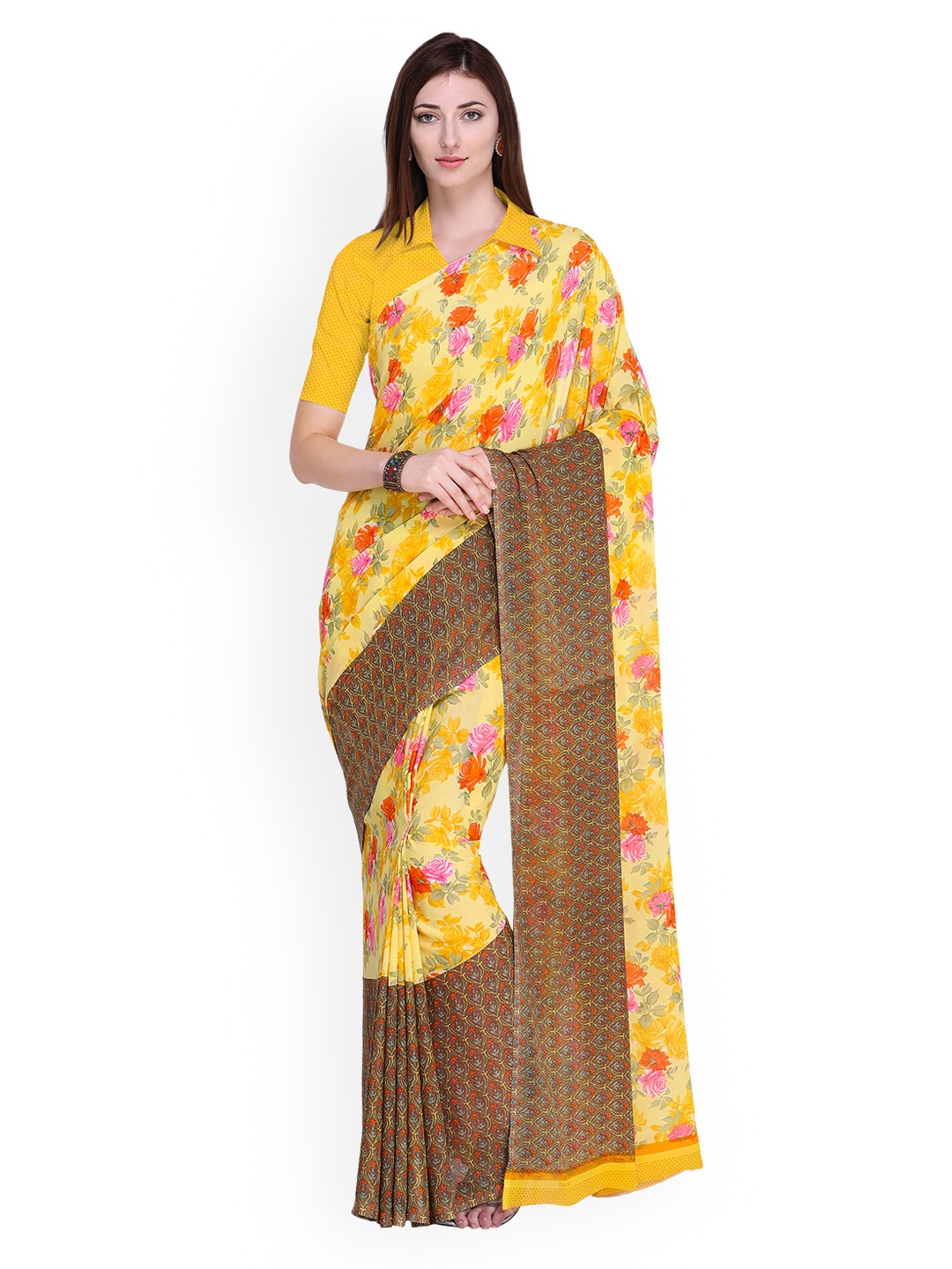 

Blissta Yellow & Brown Poly Georgette Printed Saree