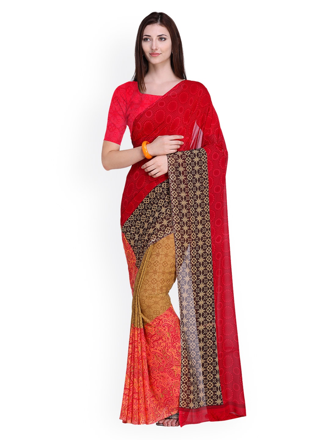 

Blissta Pink & Red Poly Georgette Printed Saree