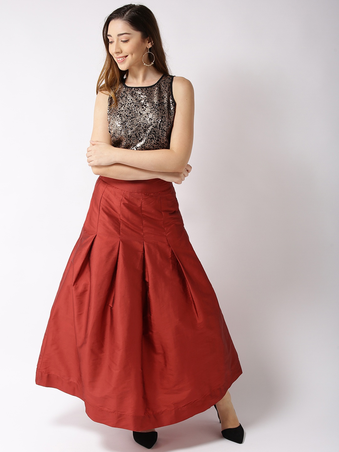 

Sera Women Black & Rust Red Embellished Two-Piece Dress