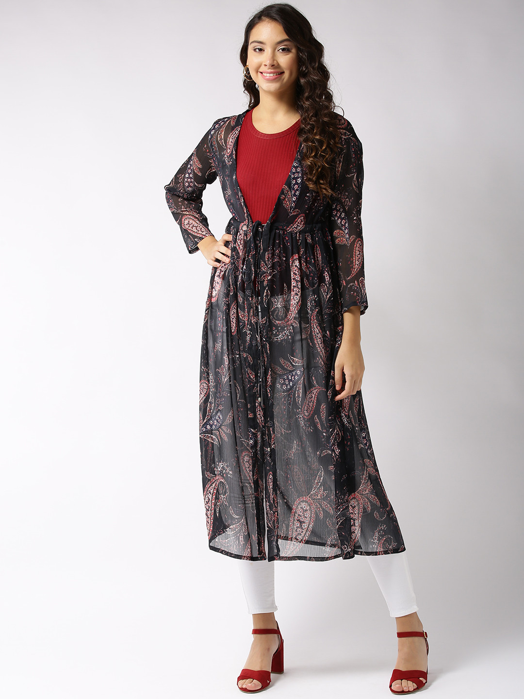 

Sera Black & Red Printed Tie-Up Longline Shrug