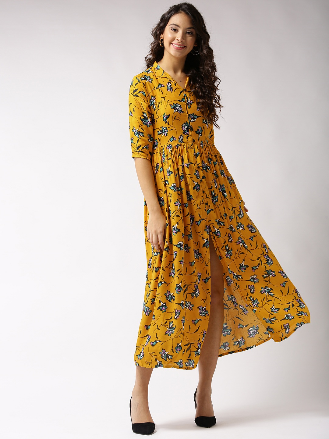 

Sera Women Mustard Yellow & Black Printed Maxi Dress