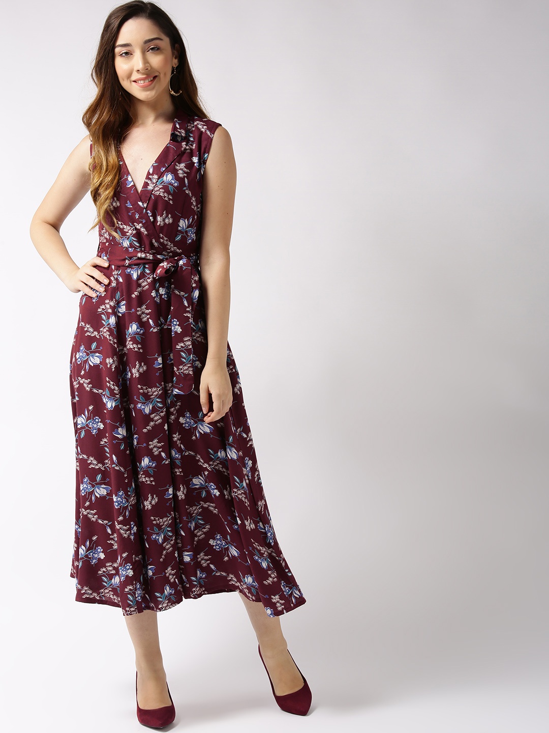 

Sera Women Burgundy & Blue Printed Wrap Dress