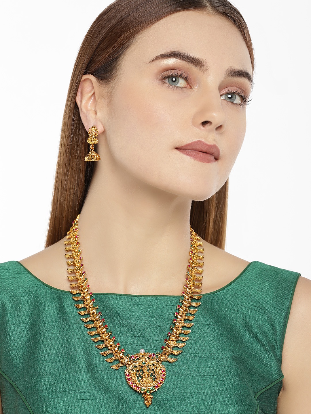 

Zaveri Pearls Antique Gold-Plated Temple Necklace Set