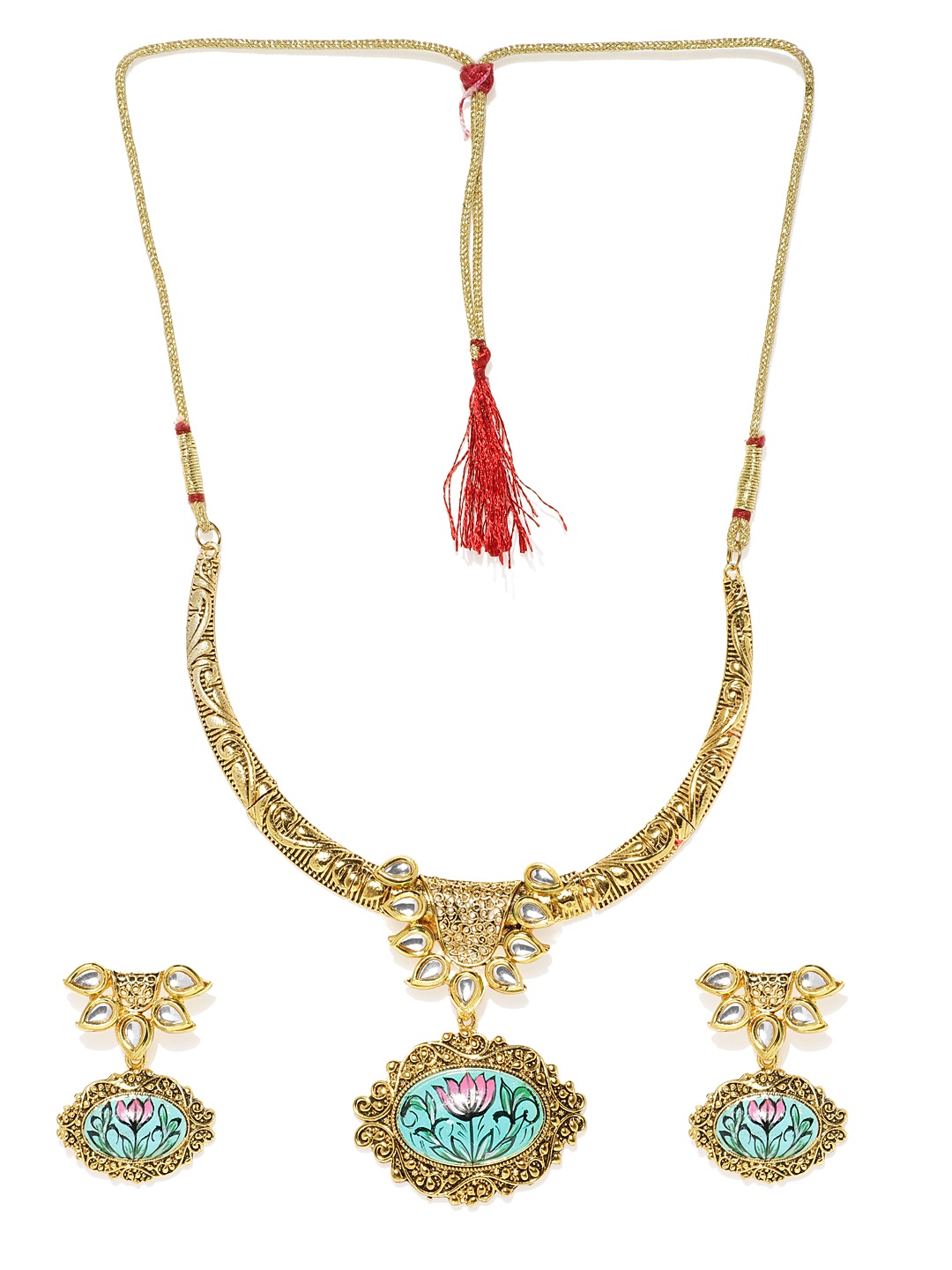 

Zaveri Pearls Gold-Plated Lotus Design Traditional Kundan Jewellery Set