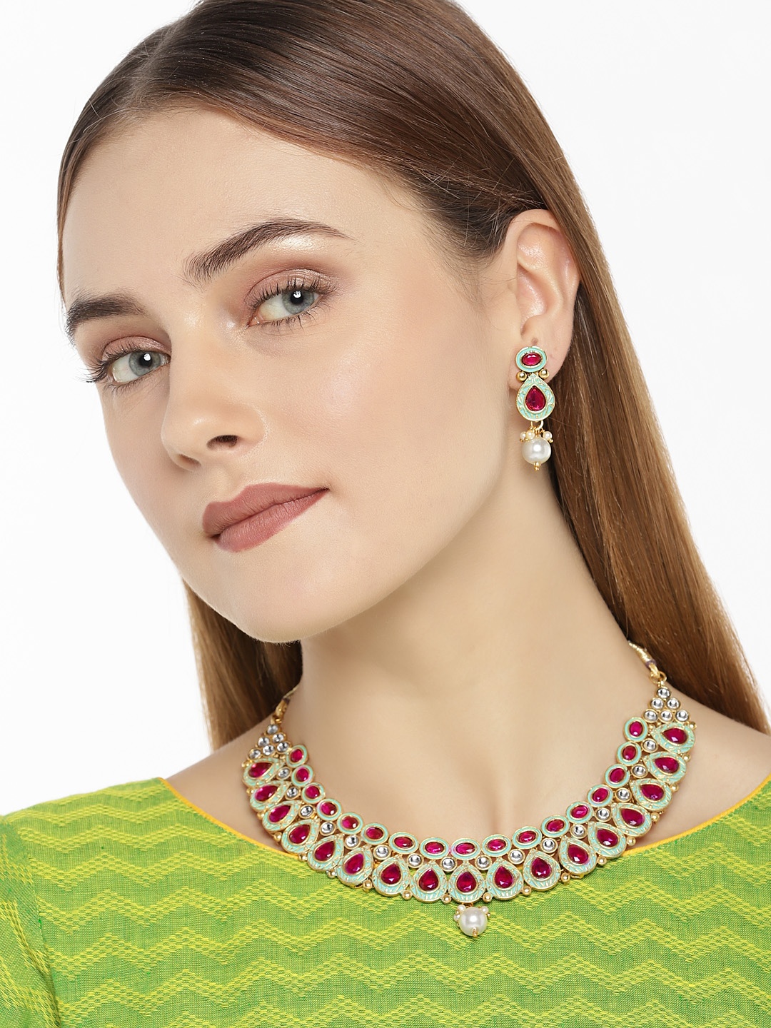

Zaveri Pearls Gold-Toned Enamelling Traditional Jewellery Set