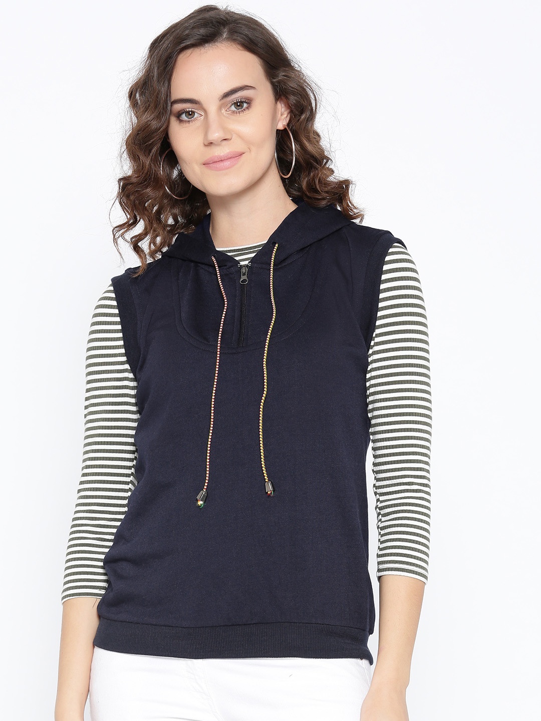 

Belle Fille Women Navy Blue Solid Sleeveless Hooded Sweatshirt